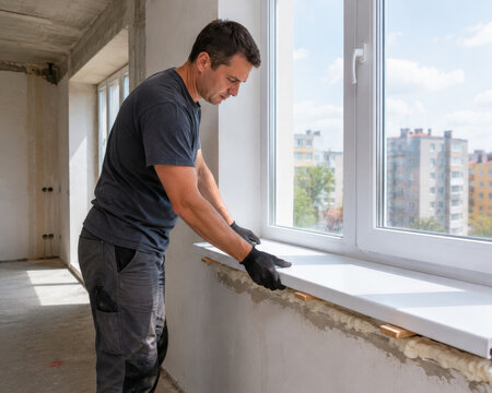 Trabajador colocando un marco de ventana en un apartamento en construcci&oacute;n durante el d&iacute;a en agosto