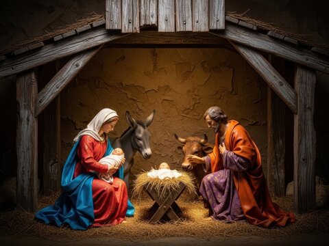 A serene nativity scene with mary, joseph, jesus, and animals in a rustic manger