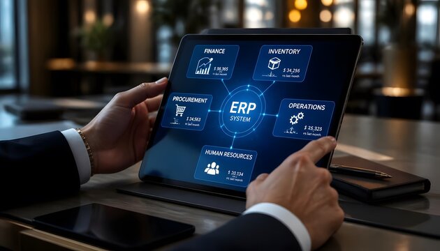 Business professional managing enterprise resource planning digital dashboard interface using modern tablet device office setting with professional suit interacting