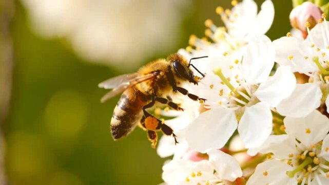 Honey bee collecting nectar and pollen from white flowers of a blooming tree in slow motion, close-up shot showcasing intricate detail and dynamic movement of insect.