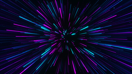 Fototapeta premium A dynamic abstraction with neon multicolored beams radiating from the center creates the effect of rapid movement in space. Suitable for technological design or graphic animation.