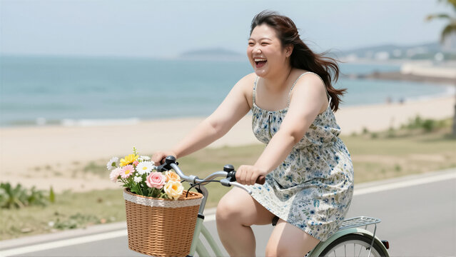 Happy woman riding a bicycle on a coastal road. Joyful lady enjoys a sunny day outdoors near the ocean