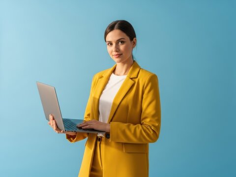 A young professional woman in a yellow blazer using a laptop on a blue background with a focused expression on her face