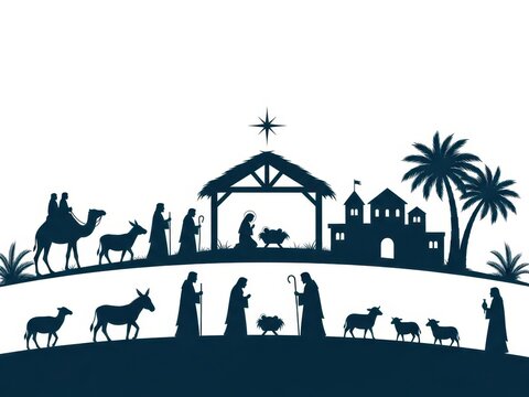 A nativity scene silhouette with people and animals under a starry night sky with a manger and buildings in the background isolated on white background