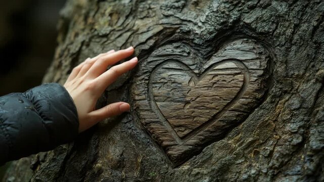 Hand gently rests on carved heart in tree bark. Nature and love symbol intertwined. Rough texture contrasts tender gesture. Emotionally resonant, peaceful moment. Suitable for romance