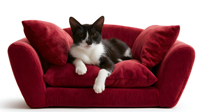 Cat on comfortable red cat bed couch isolated on white background.