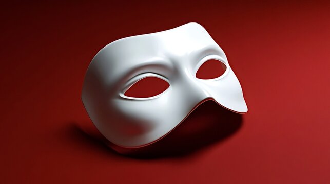 White half face masquerade mask resting on a deep red background, casting a subtle shadow and symbolizing theater, drama, and hidden identity