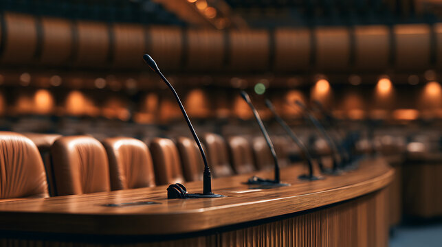 Gooseneck microphones in a empty plenary hall, for government, politics, lawmaking, and international relations, formal institutional setting concepts