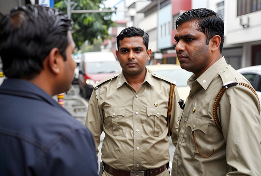 Two Indian police officers in uniform standing on a city street, public safety and law enforcement