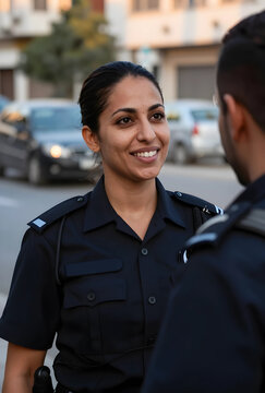Smiling female police officer in uniform engaging in conversation with a colleague on a city street, the officer exhibits a positive and confident expression, law enforcement and public safety