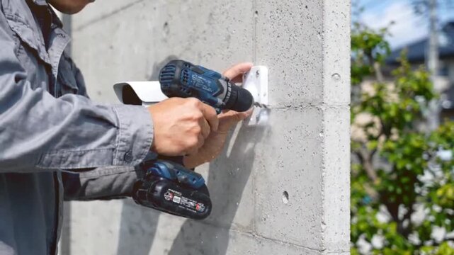 Professional worker installing security camera on concrete wall using electric power drill for surveillance system setup outdoors in daylight motion clip.