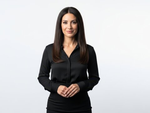 A young woman in a black blouse standing with her hands clasped in front of her on a plain background