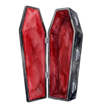 Gothic Red Coffin Watercolor Illustration Isolated on Transparent Background