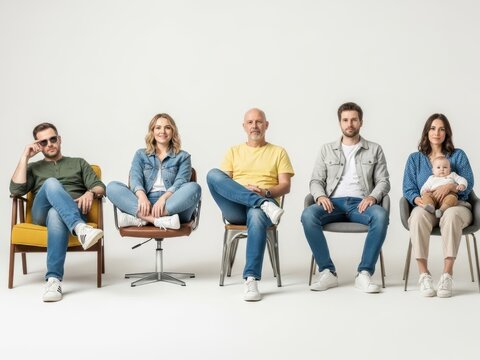 Group of diverse people sitting on different chairs in casual wear isolated on white background