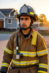 Fototapeta premium Young male firefighter in protective gear and helmet standing outdoors with residential houses in the background, He wears a brown jacket with reflective yellow and silver stripes