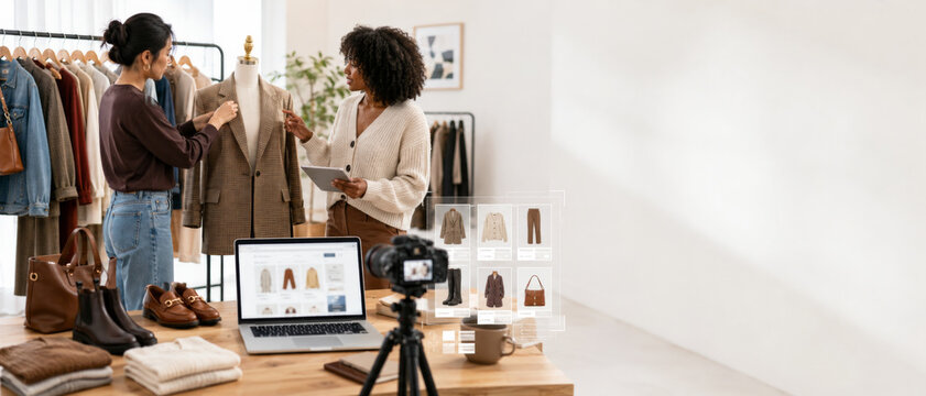 Women discussing fall fashion sale in clothing store with online shopping elements