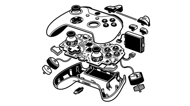Exploded view of a video game controller showing internal components.