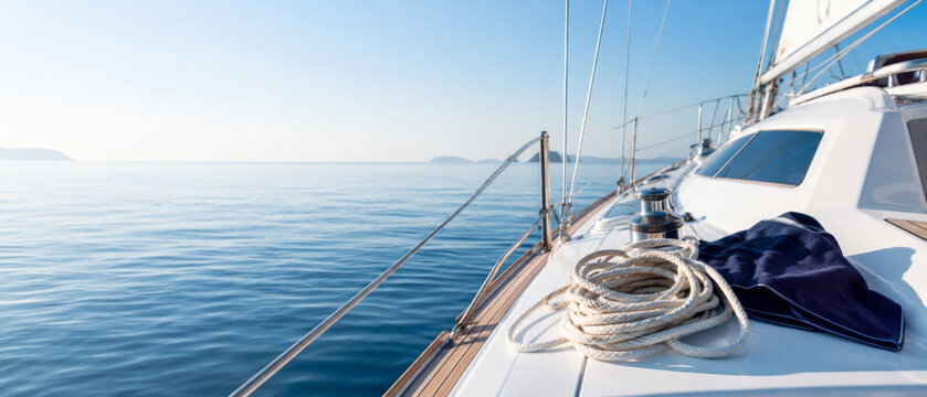 Yachting scene with rope and sea on a sailboat deck under clear sky, background