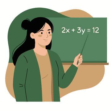 Math instructor presenting linear equation on chalkboard.