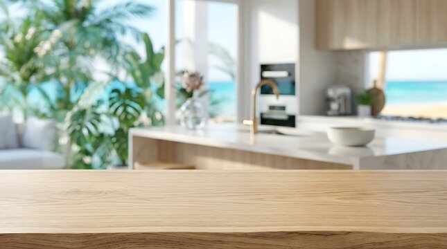 Empty wooden tabletop with blurred modern kitchen and tropical beach ocean view background for product mockup display