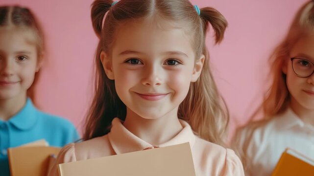 Young girls in school uniforms smiling at the camera, two books visible in the frame, one being held by a girl in front. The setting appears to be an interior room with pink decor.