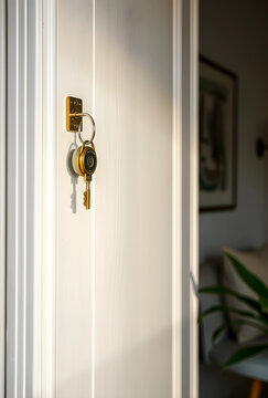 Golden house key hanging on a brass hook on a white door home ownership and security in a residential setting, the key is illuminated by natural light casting a soft shadow on the door