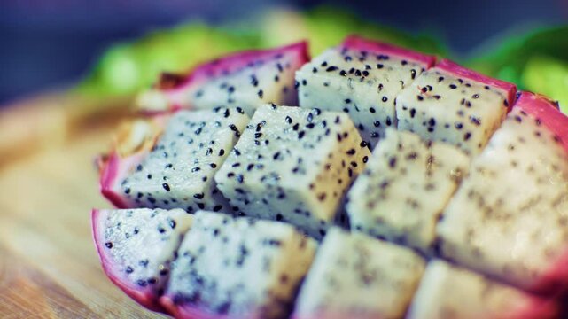 Fresh Cut Dragon Fruit Slices Sliced. Cubes Pitaya. Tropical Fruit. Fresh Snack 