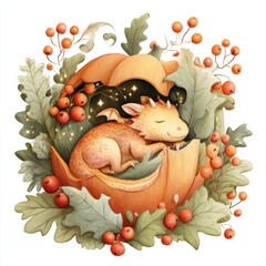 Obraz premium Cute baby dragon resting inside a pumpkin autumn wreath
