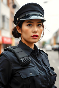 Young asian female police officer in uniform with a serious expression looking away on a city street