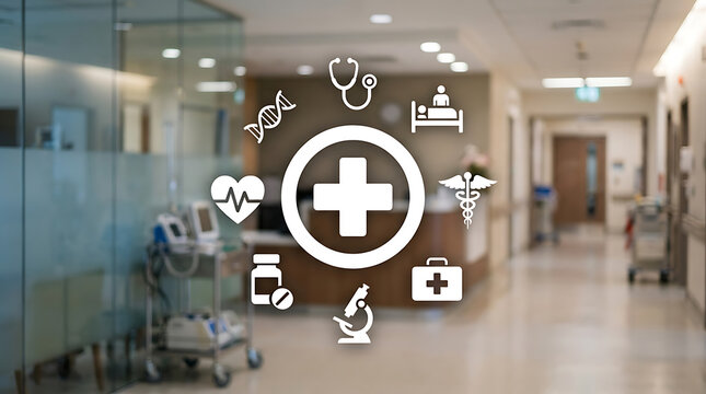 Modern healthcare icons set on transparent glass wall in bright hospital corridor
