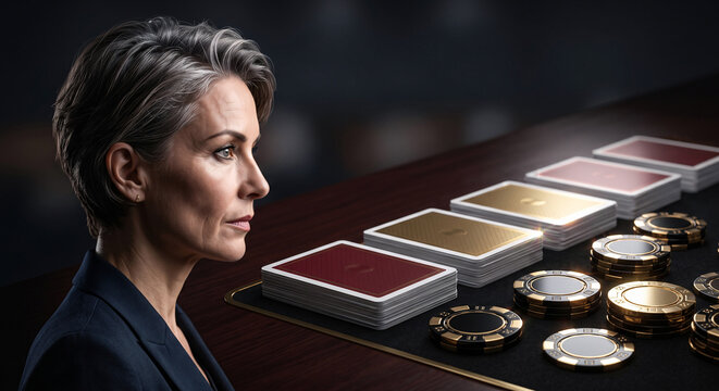 Mature professional woman looking at stacked playing cards and casino chips on a dark table.