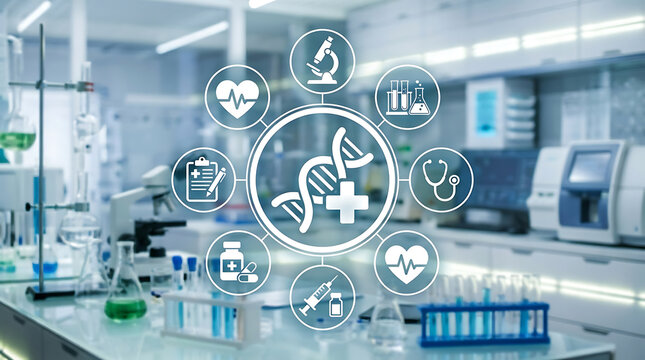 Digital health icons floating over modern medical lab with futuristic data analytics hologram display