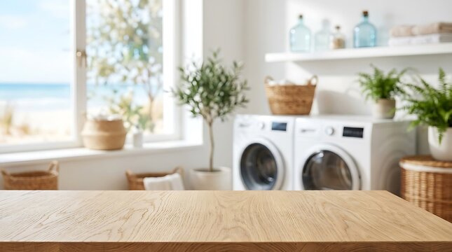 Empty wooden tabletop in blurred laundry room interior background with beach view for product mockup display design.