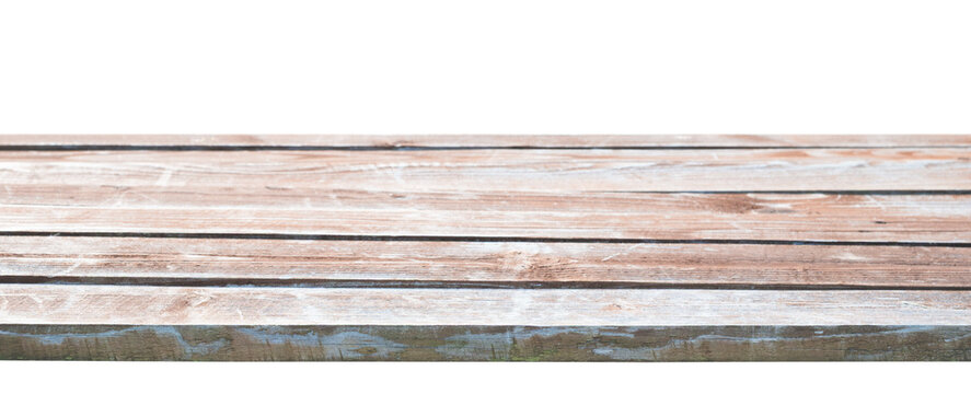 Texture of horizontal wooden planks shows marks of time. white paint has faded unevenly, revealing lighter gray shade near bottom edge.  tabletop surface for displaying objects and merchandise
