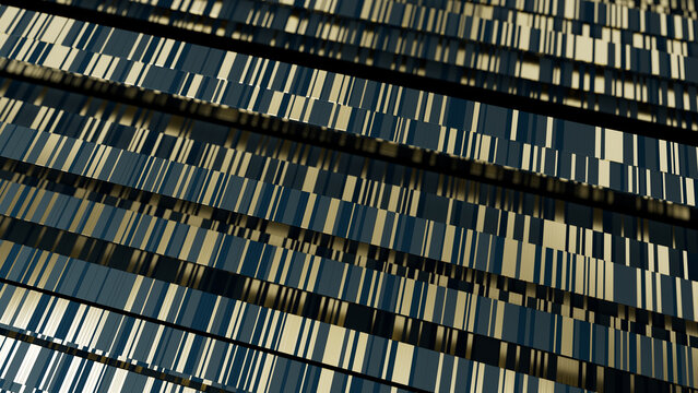 Luxury dark abstract lines structure. An abstract 3D render featuring rows of gold and navy blue rectangular blocks with a brushed metallic texture, forming a rhythmic wave-like surface pattern. 