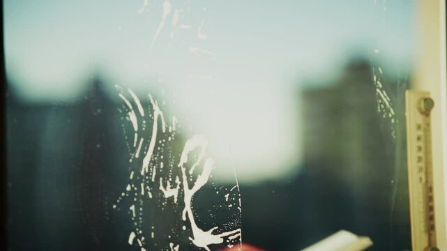 Cleaner Wiping Soapy Window Glass With Squeegee. Housework Cleaning Service Maintenance