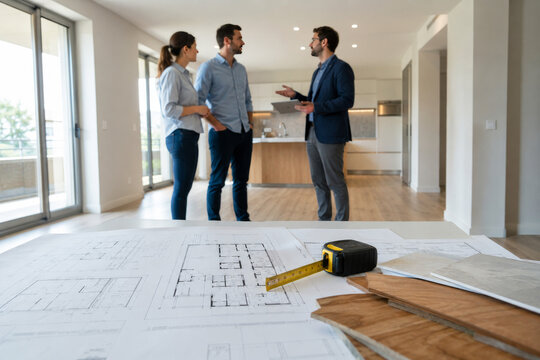 Reuni&oacute;n de profesionales discutiendo planos de construcci&oacute;n en un espacio de trabajo moderno