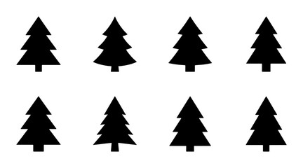 Obraz premium Eight Black Christmas Tree Icons, Simple Evergreen Vector Graphics, Winter Holiday Decorative Elements