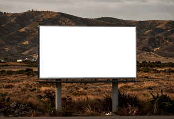 Obraz premium Blank outdoor billboard with white copy space for advertising on a rural road with dry hills in the background, the background features dry, rolling hills and a cloudy sky