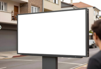 Fototapeta premium Blank outdoor billboard with white copy space for advertising on a city street with Buildings and a person, Buildings line the background, creating an urban setting