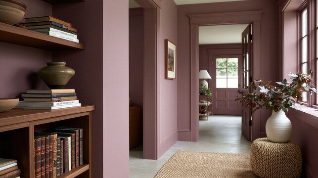 Elegant mauve hallway with walnut bookshelf in organic modern interior