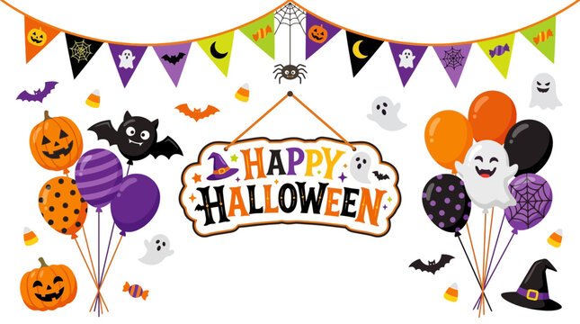 Cute Happy Halloween Card Set, vector banners with pumpkins, bats, ghosts, balloons, party flags and witch hat. Illustrations for holiday design.