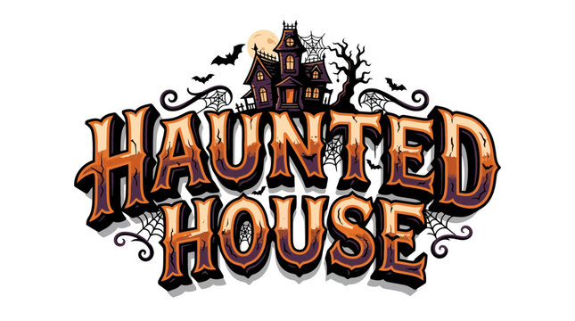 Haunted House Retro Logo Design, Halloween Typography, Spooky Mansion Vector, Vintage Orange and Purple Text, Holiday Title, Scary Illustration