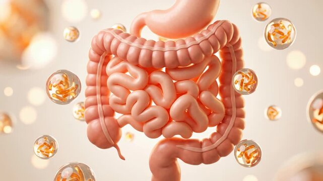Loop video of human digestive system and intestinal model with glowing probiotic bacteria spheres floating around for gut microbiome healthcare presentation