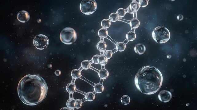 3D rendering loop video of clear glass DNA double helix rotating surrounded by floating water droplets and bubbles in dark abstract scientific environment