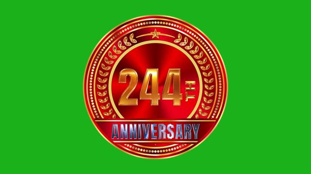Premium 244th anniversary golden seal featuring crimson metallic texture with radiant circular lighting 4k video