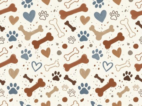 Seamless pattern with dog bones, paw prints, and hearts on a textured offwhite background