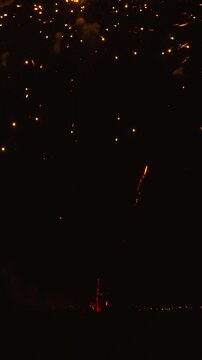 Golden fireworks exploding in the dark night sky