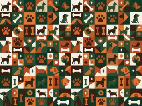 Geometric seamless pattern with stylized dogs, paw prints, and bones in a grid layout