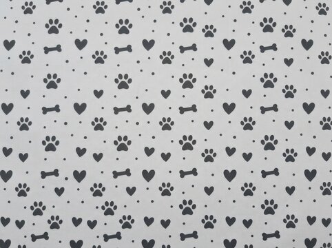 Seamless pattern with dog paws, bones and hearts on a light grey background